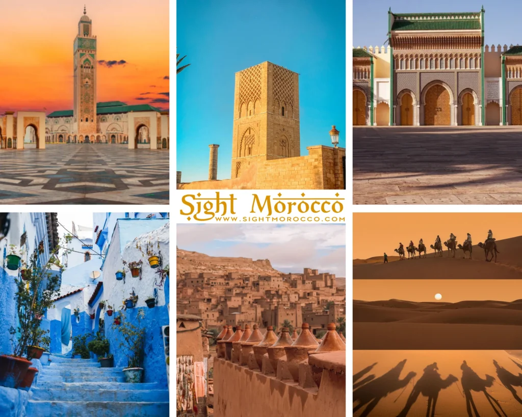A collage of iconic Moroccan landmarks for an 8 day Morocco itinerary, including a desert camel ride, Chefchaouen blue streets, Hassan II Mosque, and historic sites.